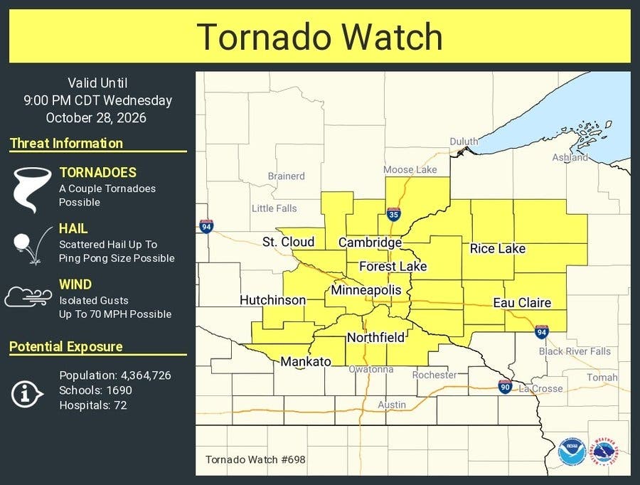 A tornado watch is in effect until 9 p.m. Wednesday for much of the Twin Cities metro and parts of central and southern Minnesota as severe thunderstorms move through the region on an unusually warm October day.