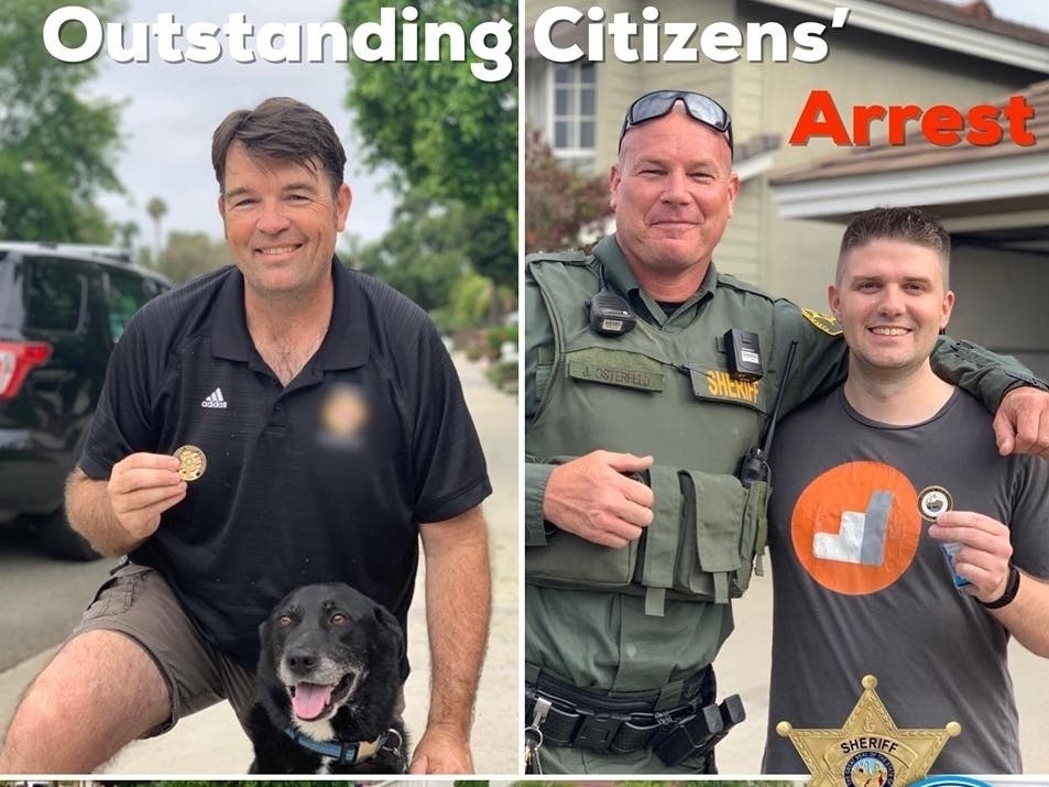 Two residents, Eric (l.), Tex & Jeremy (r) caught a fleeing suspect after a Mission Viejo commercial burglary, Thursday.