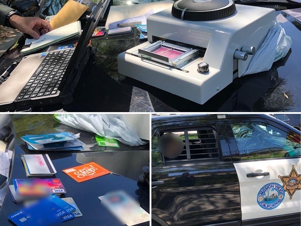 A credit card embossing machine and other items were found at the Pavilion Park area of Mission Viejo.