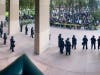 Two protests merged when 700 protesters gathered in front of Anaheim City Hall. The crowd is peaceful.