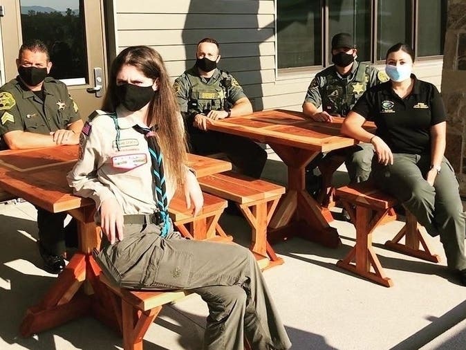 Scout Troop 7272 constructed tables and benches to sit outside Lake Forest City Hall.