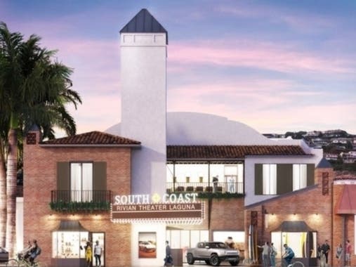 An artistic rendering of the Rivian Dealership, and the preservation of the historic South Coast Theater.