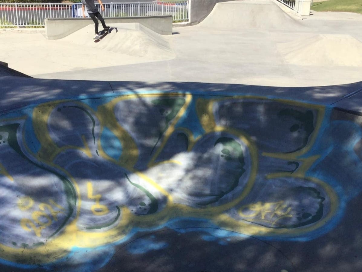 Skaters at the Mission Viejo Beebe park, where taggers left their marks on the skateboard dips and buildings.