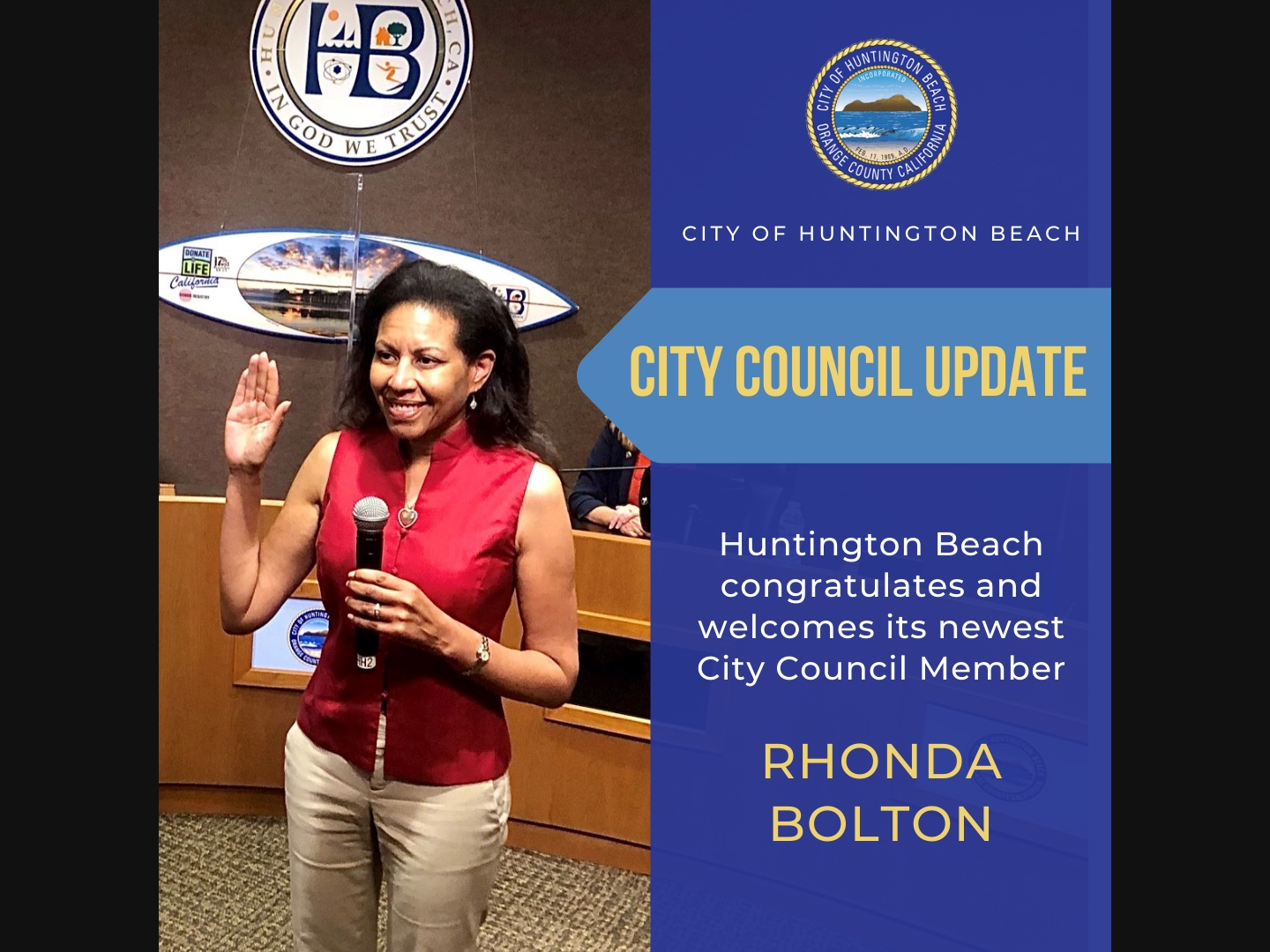 Attorney Rhonda Bolton now fills the vacant seat left by former MMA fighter Tito Ortiz. Ortiz resigned nearly two months ago after a series of contentious battles with constituents and fellow councilmembers.