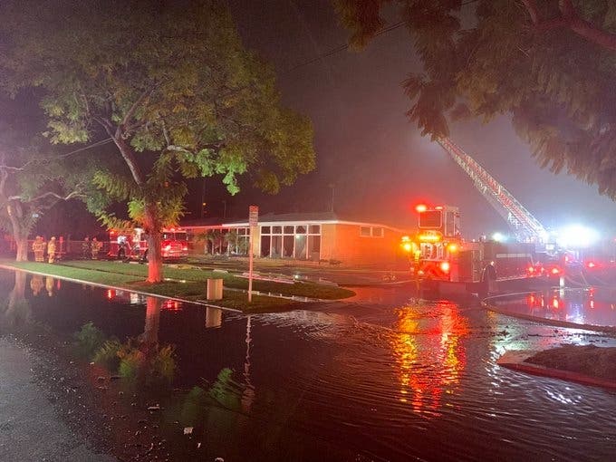Orange County Fire Authority firefighters battled a blaze at a large commercial building on the 3000 block of Harvard that filled the skies with smoke early Tuesday.