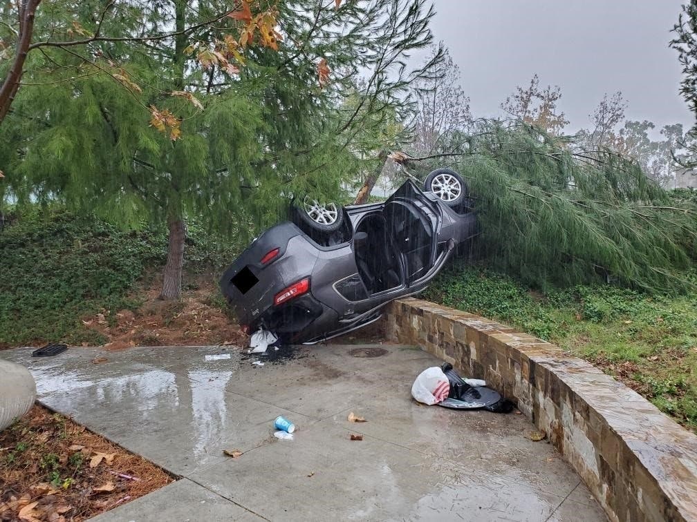 A rainy morning in Lake Forest led to a rollover crash, Thursday.