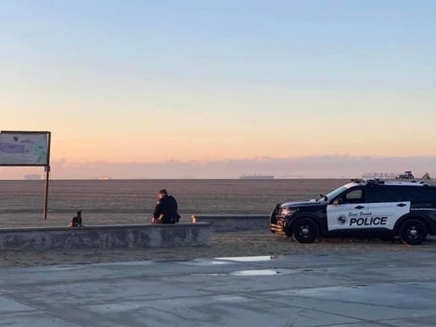 "I love this town," Rettich wrote on social media. A Seal Beach Police Officer sits with an orphaned seal pup, waiting for rescue."