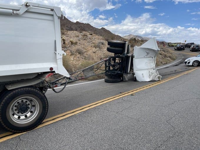A toppled big rig stalled traffic just at the switchback section of the highway above Palm Desert.