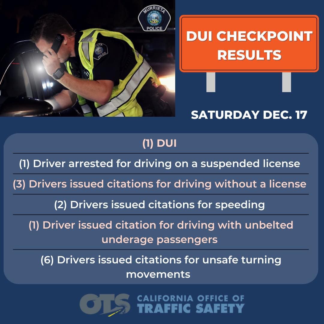 Murrieta DUI Checkpoint Yields Multiple Citations, 1 DUI Arrest ...