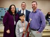 Jennifer Root (Superintendent), (Back-Center) Phil Suttner (Evans Ranch Elementary Principal and Bee Master), (Front-center) Elijah Decano (Champion), Fred Parrish (Southshore Elementary Assistant Principal)