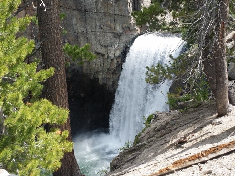 Rainbow Falls in Mammoth Lakes is known for its spray, which catches sunlight and paints airy rainbows for onlookers who take the hike.