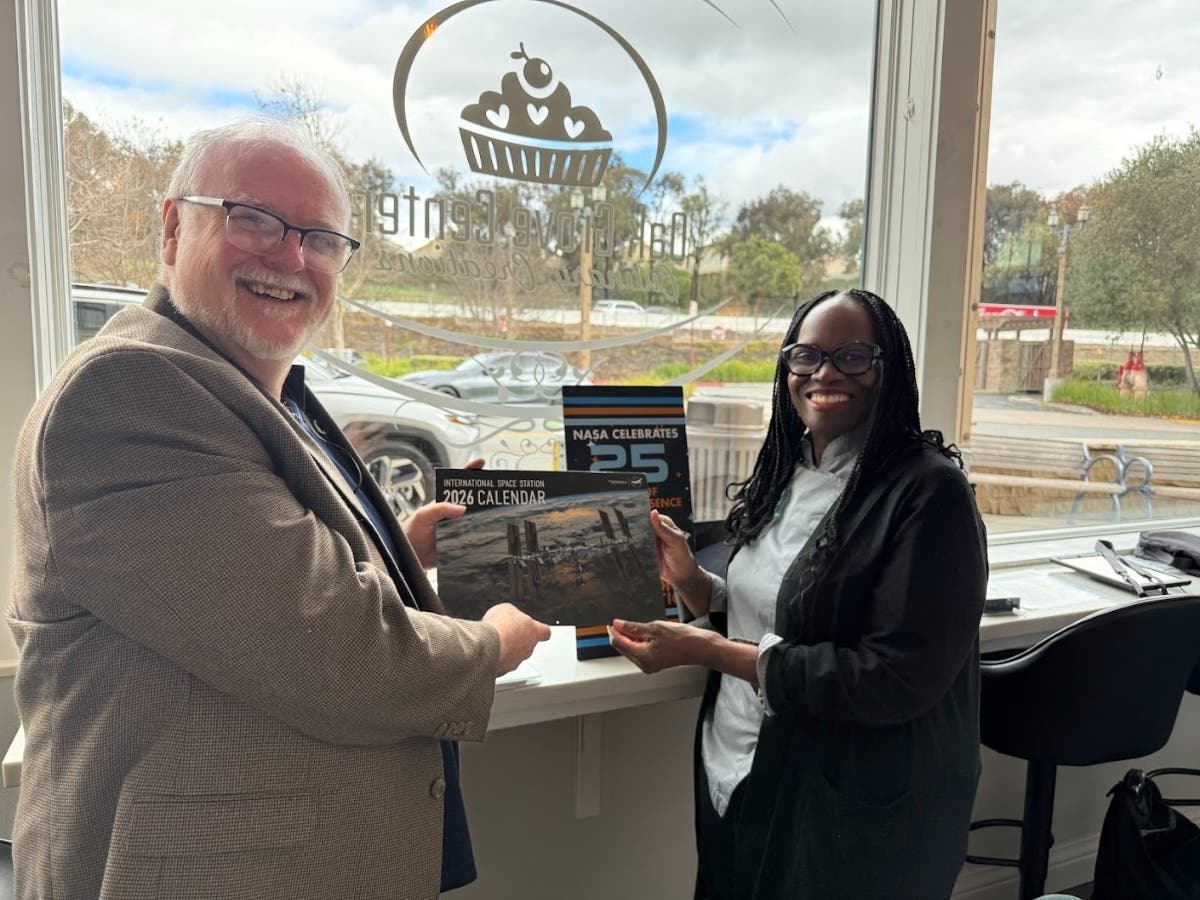 Temecula ISS-Above founder Liam Kennedy with Robin McCoy, executive pastry chef of Culinary Creations of Oak Grove, in Old Town Temecula.