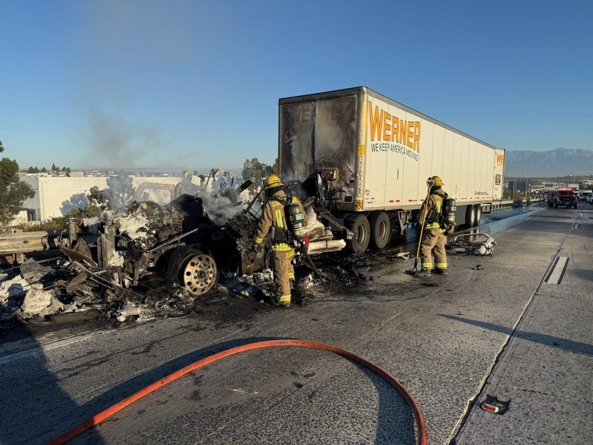 Semi-truck after the fire was extinguished at I-15 southbound, just north of E. Ontario Avenue.