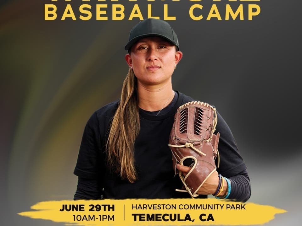 Savannah Banana, professional baseball player and Temecula native Kelsie Whitmore is leading a baseball camp for kids Monday at Harveston Sports Park. 