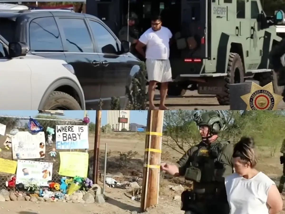 Clockwise from top: The August 22 arrest in Cabazon of Jake Haro; a deputy leads a handcuffed Rebecca Haro to an awaiting sheriff's vehicle on August 22 in Cabazon; signs in front of the Haros' home in Cabazon. 