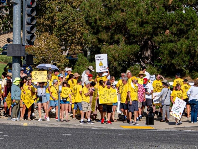 Save Temecula protesters in yellow at the Temecula Duck Pond.