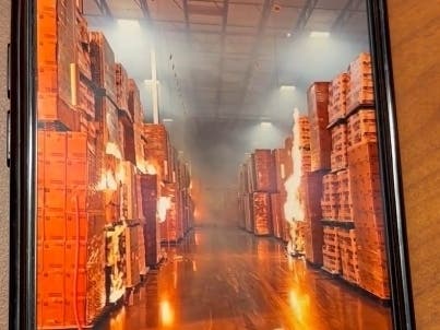 Inside the Kimberly Clark NFI warehouse at the time of the Ontario blaze in April, 2026.