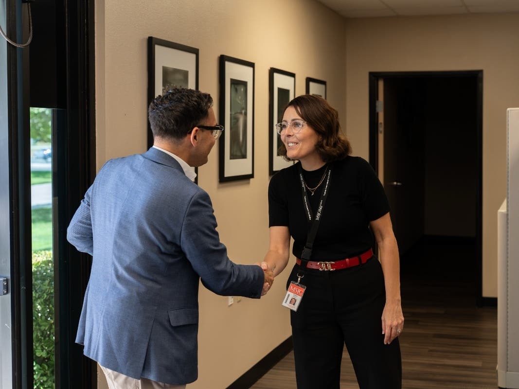 Mt. San Jacinto College Superintendent/President Dr. Tawny Dotson greets Riverside County Fifth District Supervisor Dr. Yxstian Gutierrez upon his arrival at MSJC’s San Jacinto Campus for a campus tour on Sept. 28, 2026.