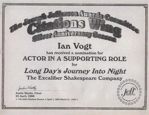 A LOVELY NOMINATION BEFORE A GREAT WIN!: Talented young actor Ian Vogt captured a 1998 Chicago Jeff Award nod prior to winning as Outstanding Actor In A Supporting Role for his moving performance as Edmund Tyrone in The ESC 1997 revival of "Long Day's".