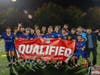 San Ramon FC's men's pro-development team celebrated their achievement with a QUALIFIED banner after their win vs San Francisco's Olympic Club on November 23, 2025 at Tiffany Roberts Field in San Ramon.