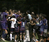 San Ramon FC's men's senior team players and youth players celebrate Gonzalez's goal on the sidelines at Tiffany Roberts Field in San Ramon on October 3rd.