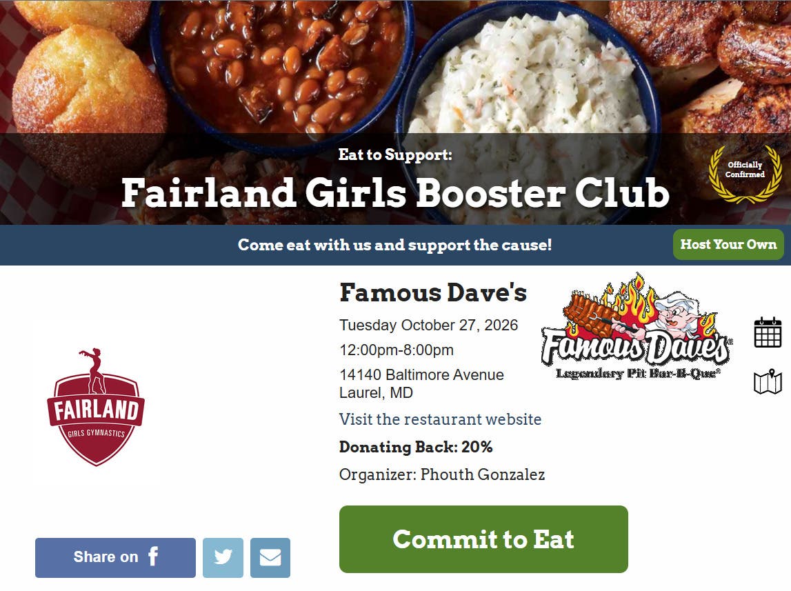 Fairland Girls Gymnastics Team's Fundraiser (Commit to Eat by 10/24/26)