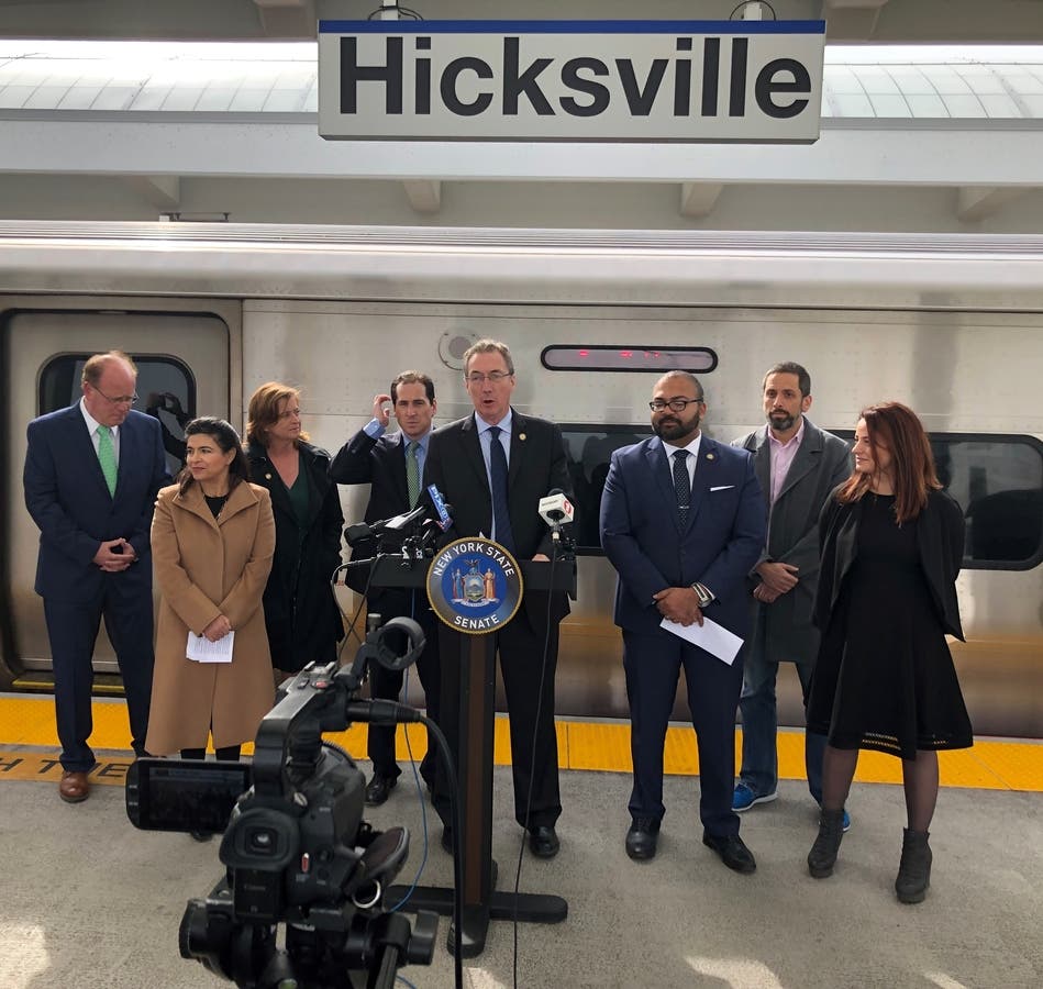 Senators announced the MTA RAIL Act at the Hicksville LIRR station Friday morning.