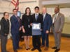 Abishek Ravindran (center) was recognized by the East Meadow Board of Education on Feb. 5 for being named one of the top 300 scholars in the Regeneron Science Talent Search 2020.
