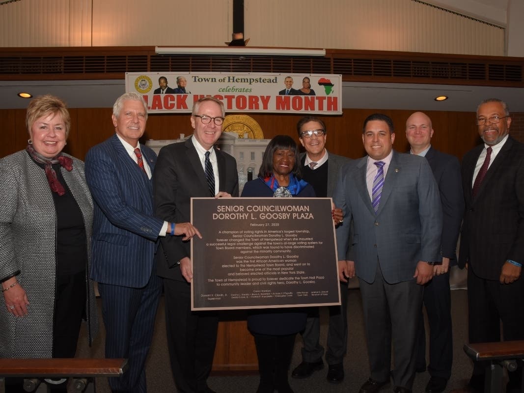 The Town of Hemsptead surprised Councilwoman Dorothy Goosby by naming the plaza at Town Hall after her.