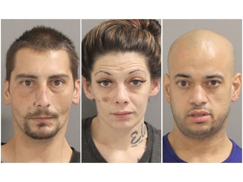 Daniel Petrizzo, left, Tiffany Pawson and Eddie Fernandez, all of Farmingdale, were arrested after Nassau police said they found guns and chemicals that could be used to create explosives in a home on Staples Street on Wednesday morning.
