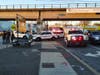 Nassau County police officers were at the Bellmore LIRR station on Saturday to peacefully break up dueling protests.