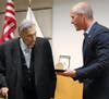 U.S. Rep. Sean Maloney presents Raymond D'Alessandro with the Civil Air Patrol Congressional Gold Medal.