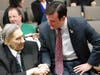 State Assemblyman Kevin Byrne congratulates Raymond D'Alessandro after the ceremony.