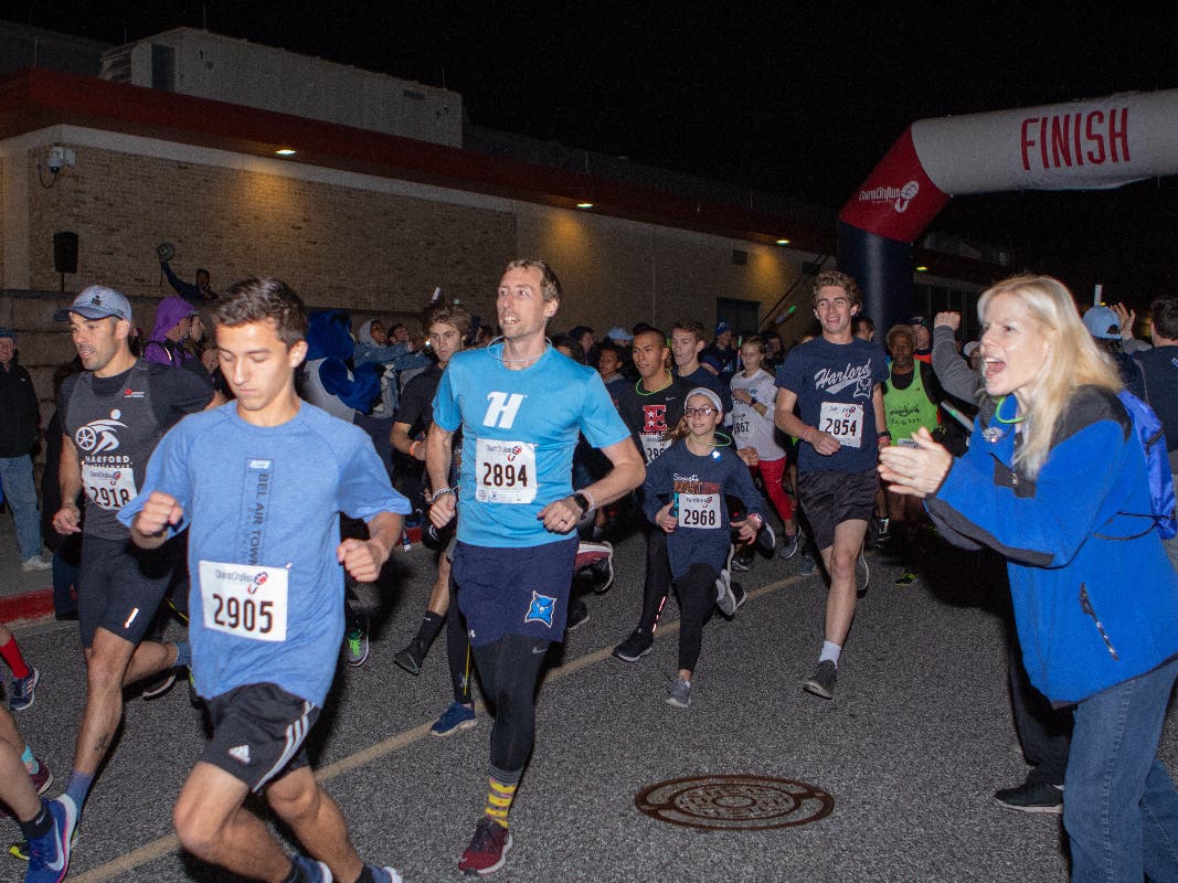 More than 300 runners came out for Screech’s Night Owl 5K glow run to raise funds for athletic scholarships at Harford Community College.