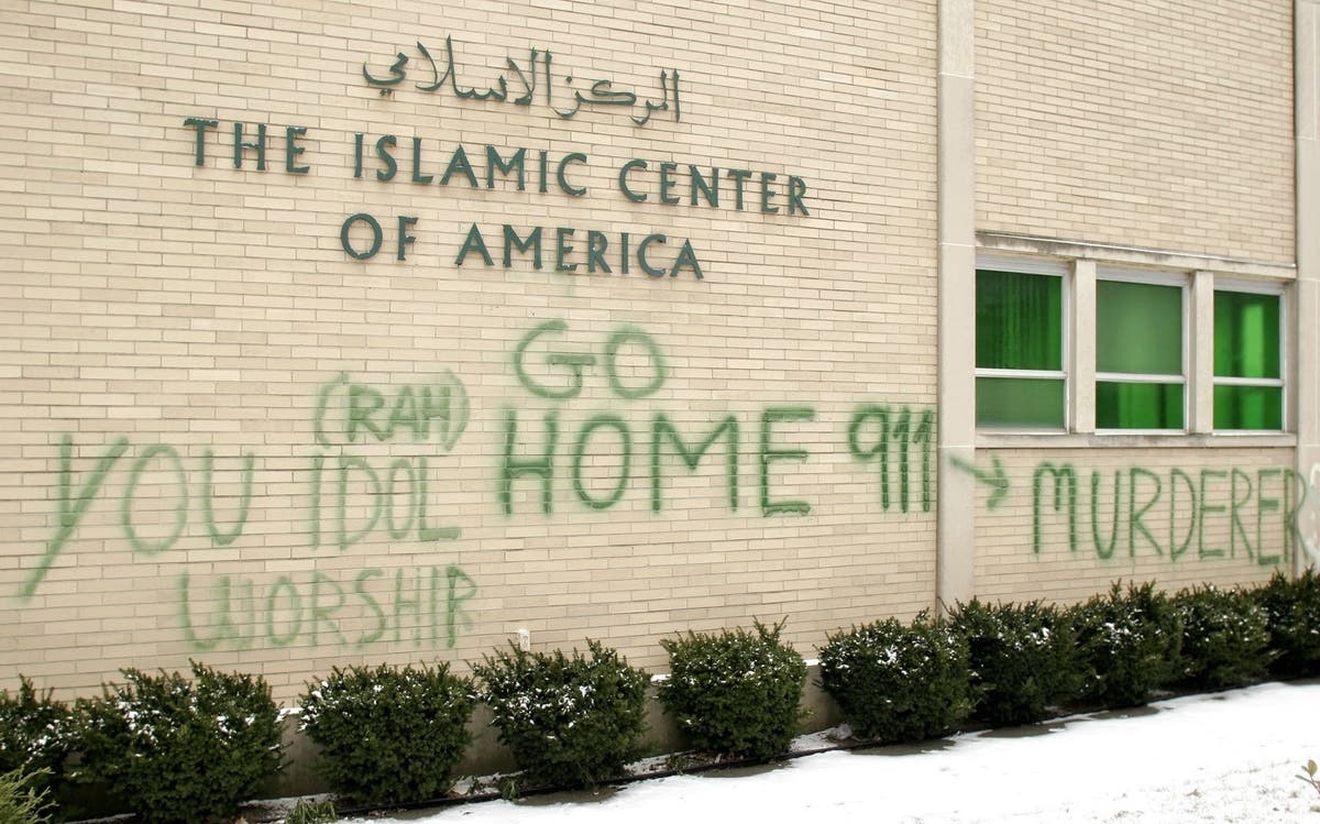 Anti-Muslim graffiti defaces a Shia mosque at the Islamic Center of America January 23, 2007 in Dearborn, Michigan.