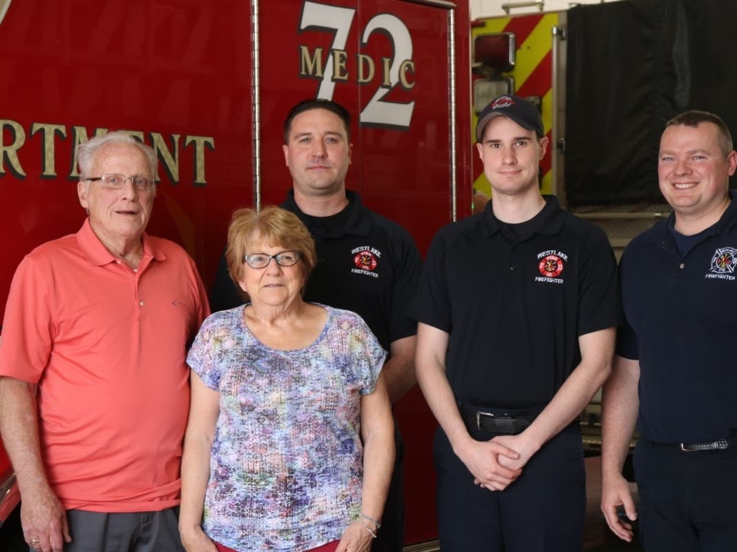 Pictured left to right: Brian and Jean Moran, Westlake Fire Fighters Eric Szytec, Matt Benigni and Adam O’Neill.