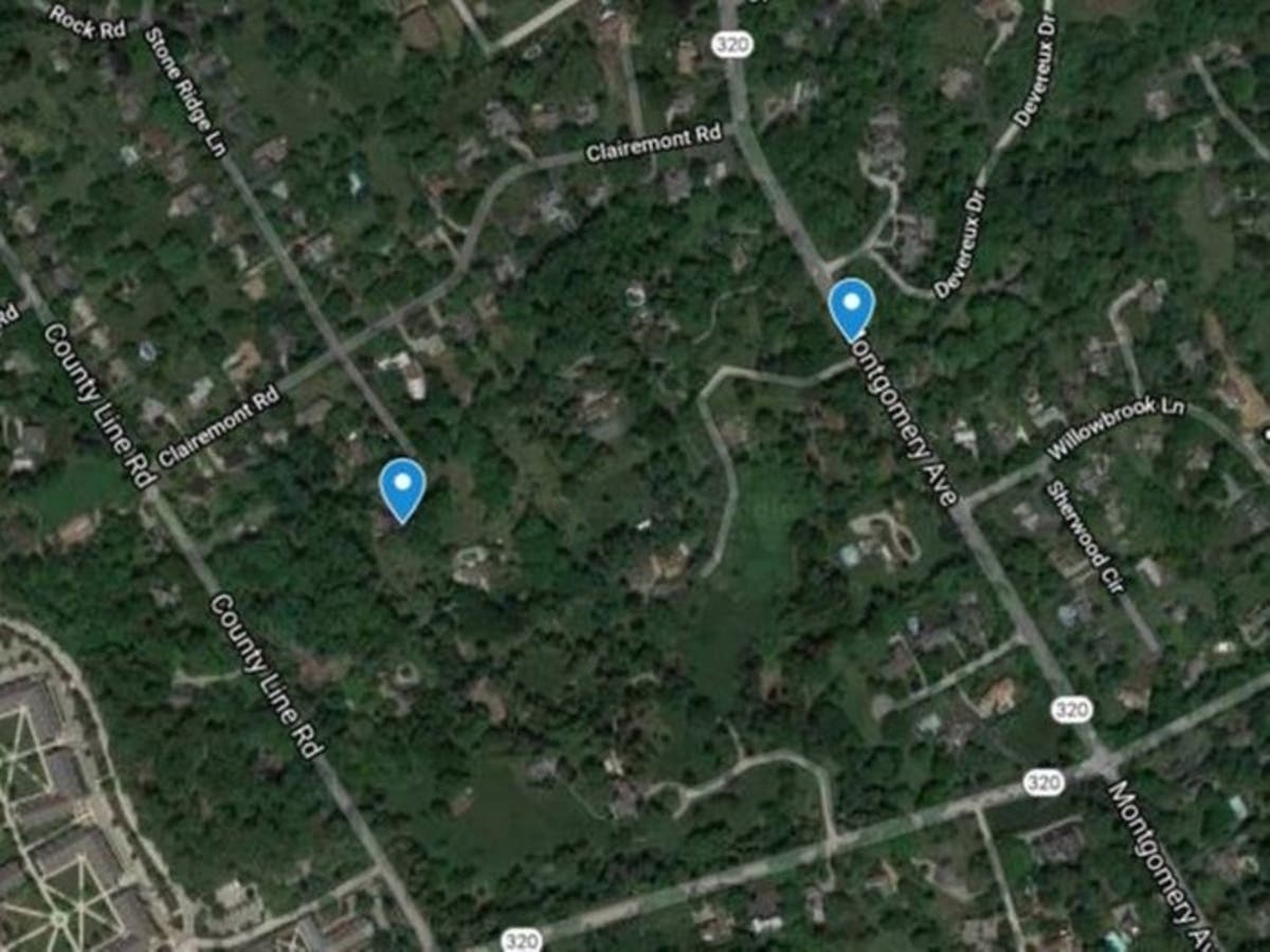 The blue marks represent 1835 County Line Road and 1800 W. Montgomery Ave.