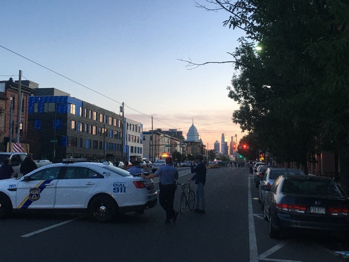 Police block off Girard Avenue June 1 when armed men clashed with Black Lives Matter protesters outside the 26th Police District building.