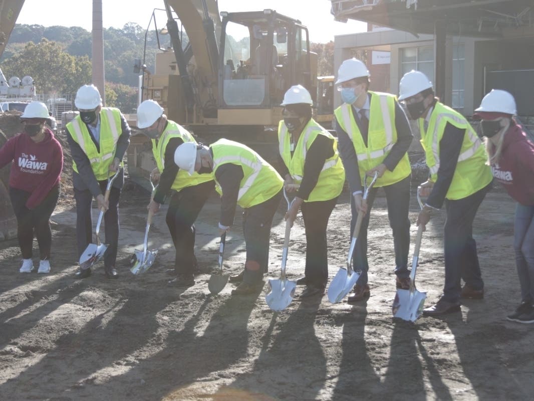 Leadership from Main Line Health and Wawa line up to break ground on Riddle’s campus modernization project.