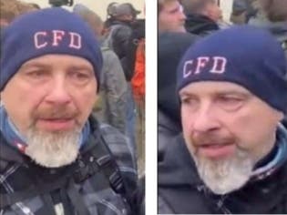 Robert Sanford is seen at the U.S. Capitol in his Chester Fire Department hat on Jan. 6, 2021.