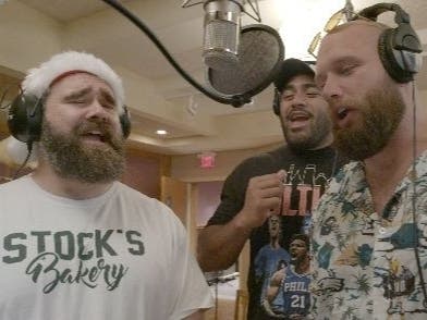 Eagles players Jason Kelce, Jordan Mailata, and Lane Johnson record a track for "A Philly Special Christmas Special."