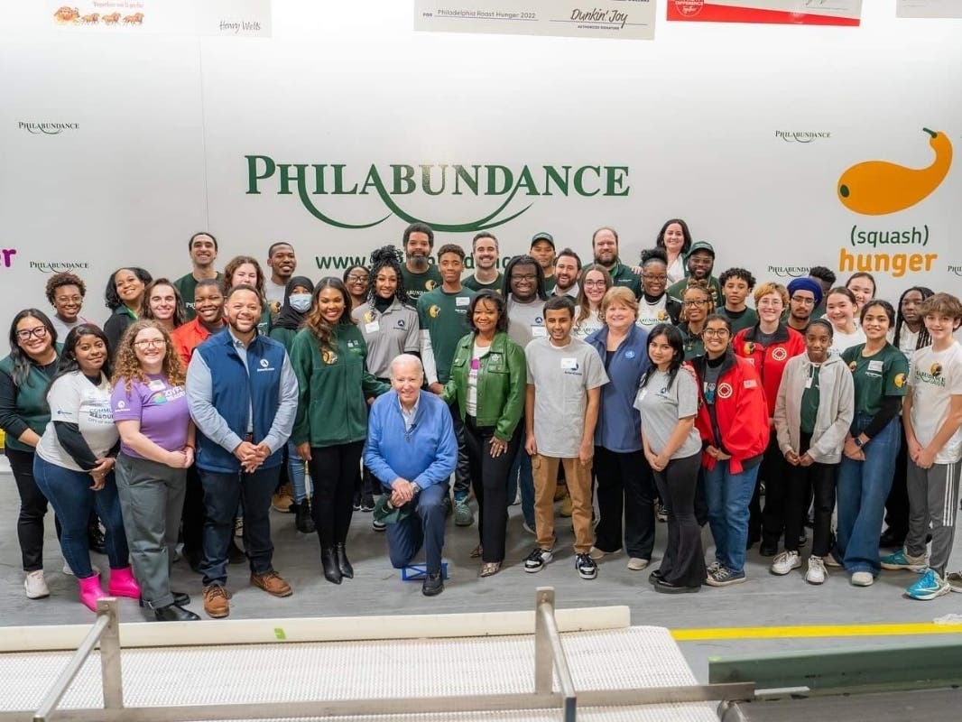 President Joe Biden volunteered at Philabundance for the Martin Luther King Jr. Day of Service Monday.
