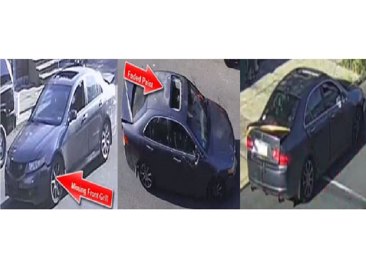 Police are looking for a 2004-2008 charcoal gray Acura TSX with an unknown Pennsylvania tag, missing front grille, damage to rear trunk with yellow tie down strap securing trunk, numerous decals in rear window.