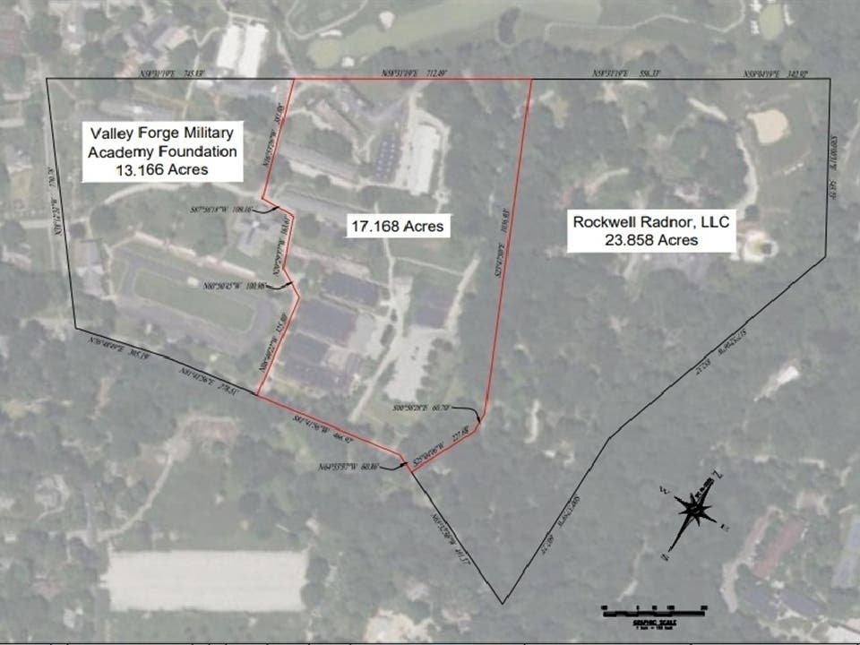 The area outlined in red is the 17.168-acre tract of land owned by the Valley Forge Military Academy Foundation sought for acquisition by Radnor Township.
