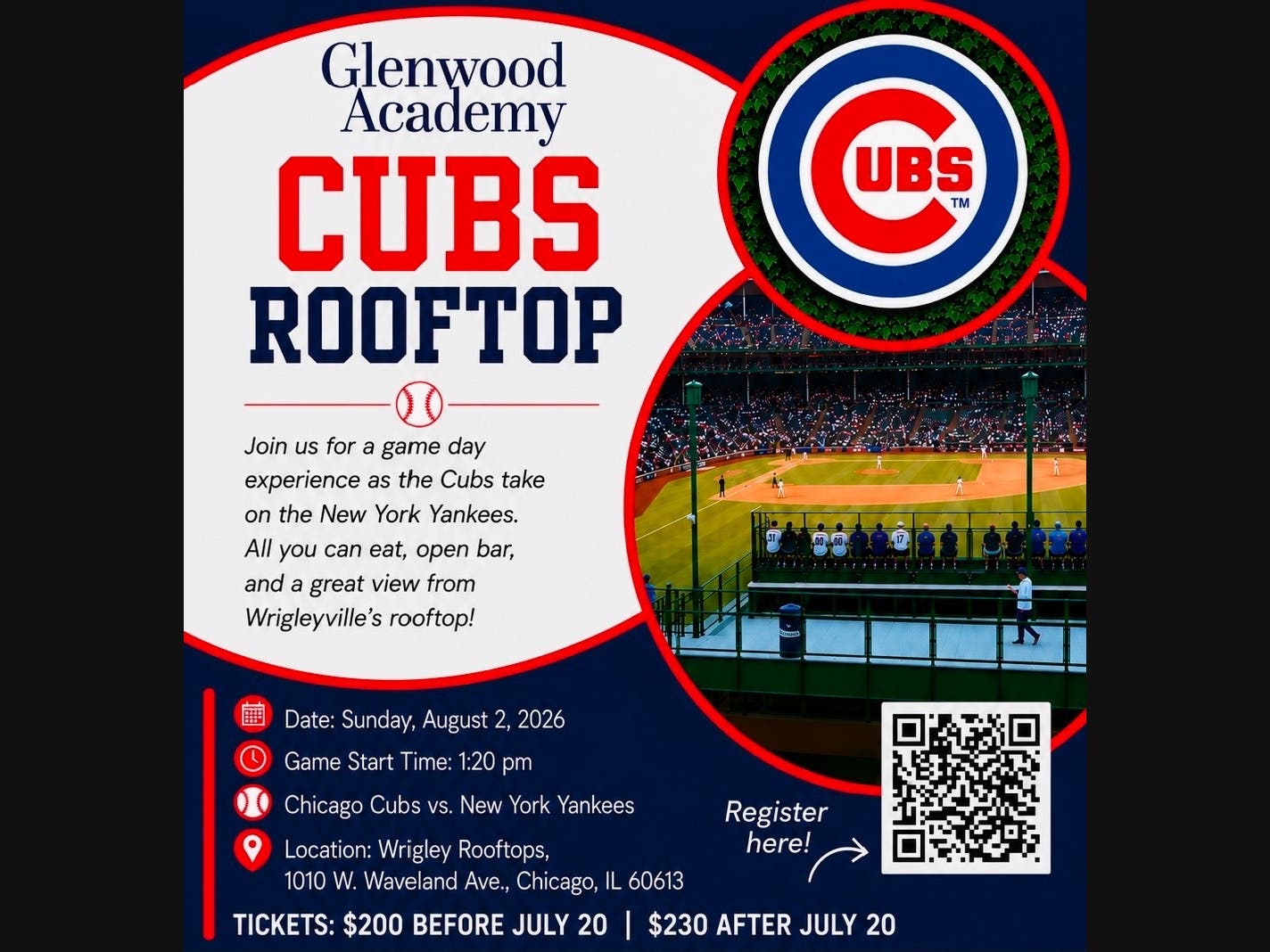 Rooftop tickets available for Cubs vs Yankees, August 2nd.