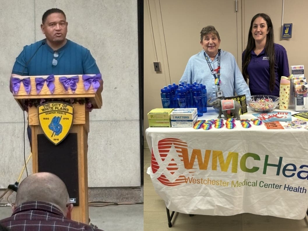 Left, NCADD Instructor Dennis Andrews Emcee's Westchester County's Ceremonial Overdose Event while, right, NCADD's Margaret Morra Meets with Westchester Medical Center Health Network at The Loft's Overdose Event, Also in White Plains.