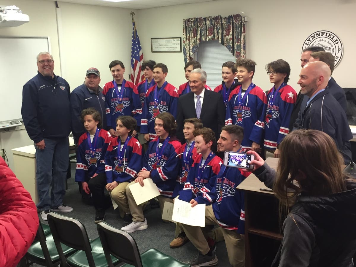 The Saugus/Lynnfield bantam hockey team was saluted by the board for winning state title.