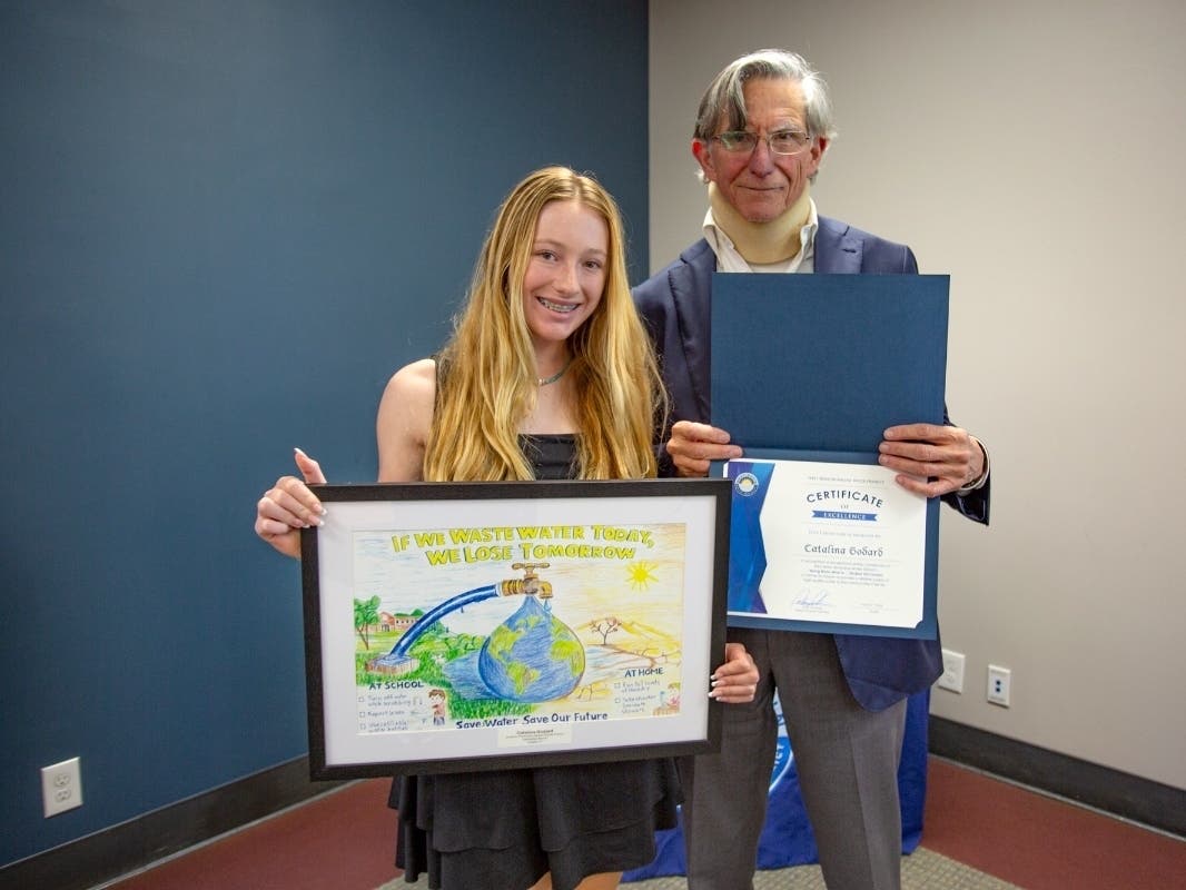 Eighth grader Catalina Godard of Manhattan Beach Middle School (left) was one of three grand prize winners at the West Basin Municipal Water District's annual art contest.