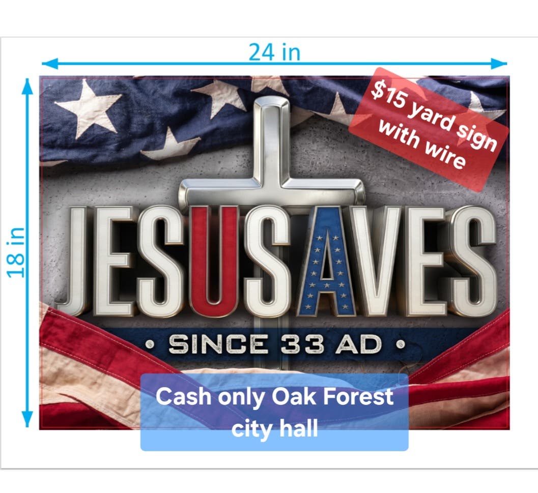 Caricatures and JesUSAves yard signs