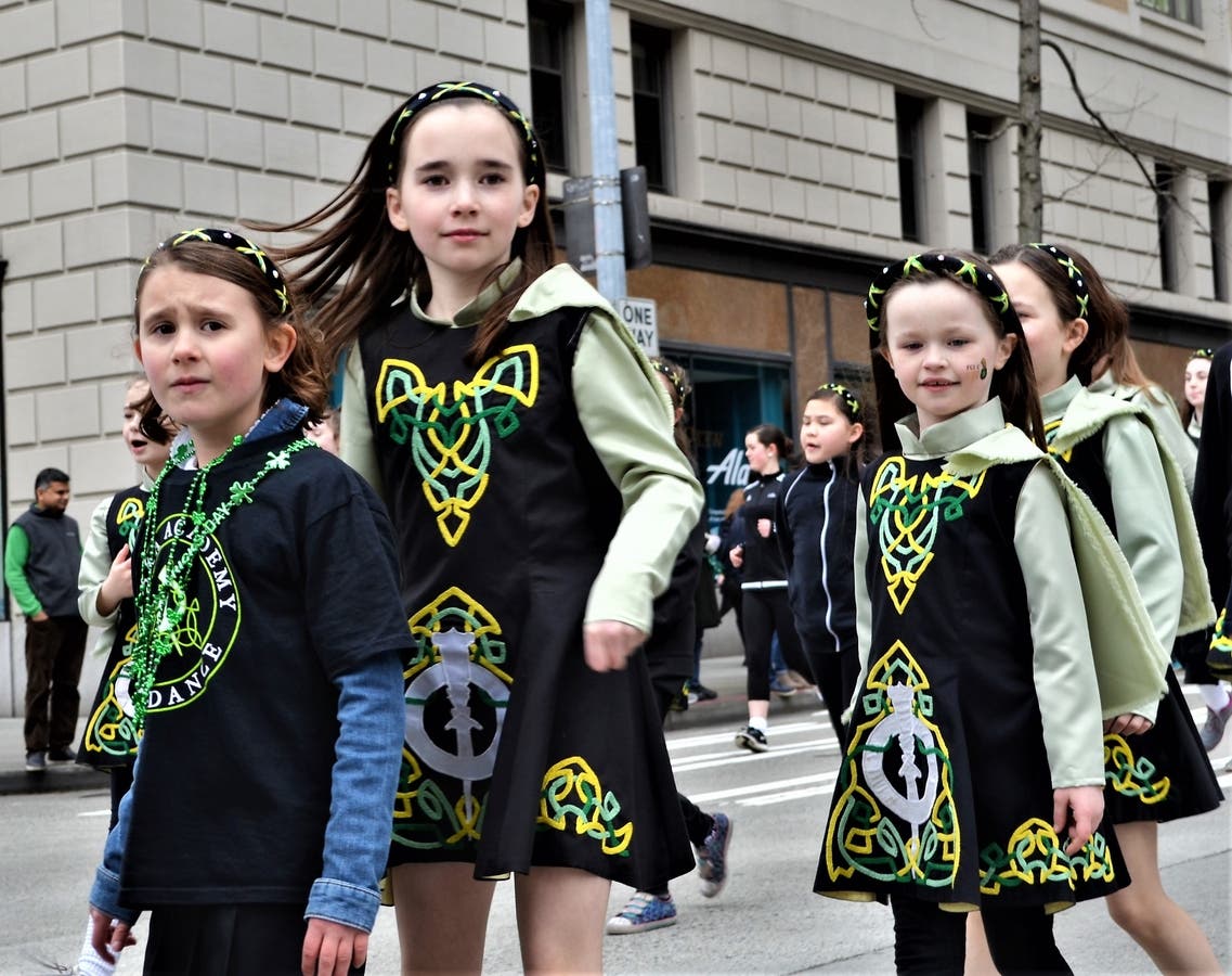 Dancers from the Tara Academy of Irish Dance at the Seattle St. Patrick's Day parade in 2018. 